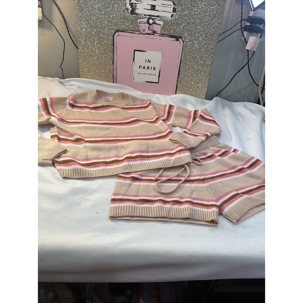 Women's Striped Sweater and Drawstring Knit‎ Shorts Set ,Small Pink Lily 328